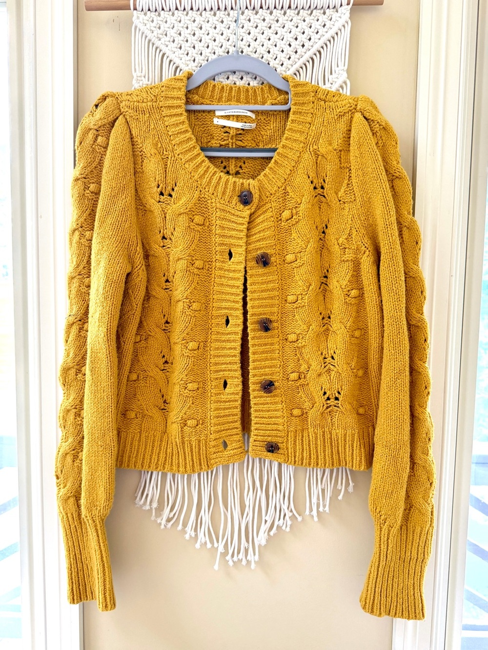 Anthropologie Mustard Cable Knit Button-Front Cardigan